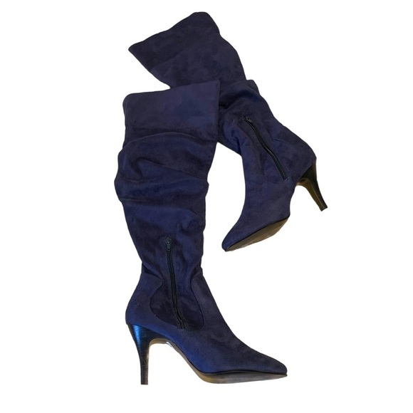 Navy blue slouchy knee high faux suede boots pointed toe like new 8 - Picture 2 of 13